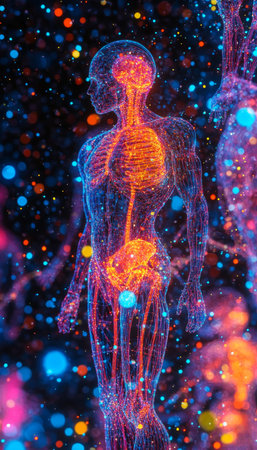 Glowing Human Anatomy A Digital Exploration of Interconnected Bodily Systems and Networksの素材