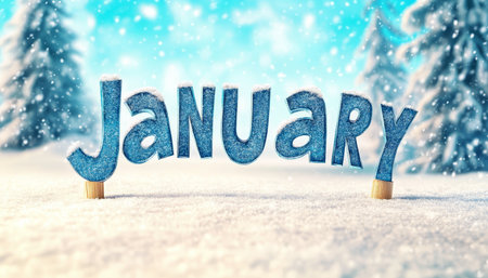 January in Winter Wonderland Sparkling Blue Letters in Snow Against Frosty Forest Backdropの素材