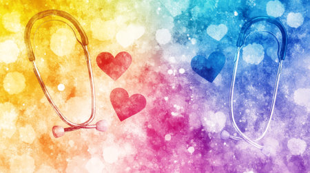 Abstract Healthcare Background with Stethoscopes and Hearts on Vivid Colors. Medical Loveの素材