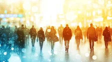 City Street with Crowd of People, Urban Life with Blur Effect, Abstract Background for Social Issuesの素材