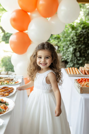 Adorable Young Girl Smiling, Wearing A Dress, Standing In Front Of Party Food Table With Balloonsの素材
