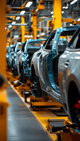 Automobile Assembly Line Modern Car Factory with Vehicles in Various Stages of Production.の素材