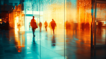 City Reflections Silhouettes Of People Walking Through A Busy, Modern Urban Environment At Nightの素材