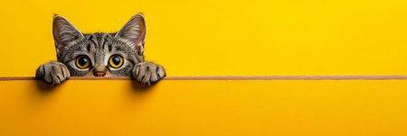 Sneaking Cat Peeking Over Yellow Background Playful Cat Portrait with Copy Space For Advertisingの素材