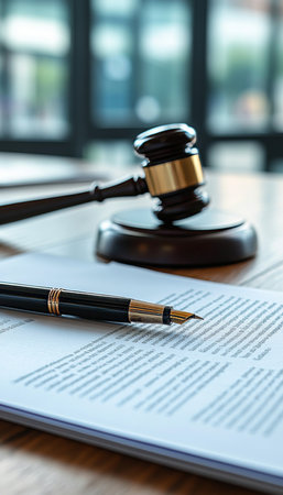Legal Services Concept, Featuring Legal Documents, Pen, And Gavel In A Symbolic Legal Setting,の素材