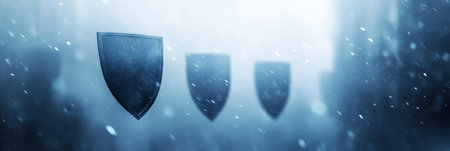 Shields Of Protection, Cybersecurity Concept With A Row Of Shields In A Misty Atmosphere.の素材