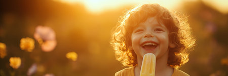 Summer Fun. a Portrait of a Joyful Girl with Curly Hair Happily Eats Popsicle On Sunny Warm Dayの素材