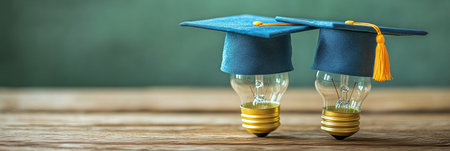 Blue Graduation Caps Balanced on Light Bulbs Against Chalkboard, Education and Ideas Conceptの素材