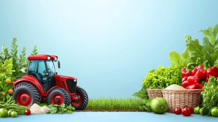 Modern Tractor Ready for Harvest with Abundant, Fresh Produce Against a Blue Background.の素材