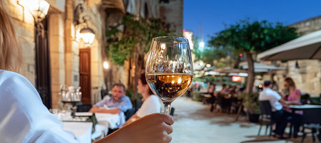 Woman Enjoys a Glass of White Wine on a Summer Evening in Europe at a Charming Outdoor Cafeの素材
