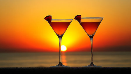 Two Cocktails at Sunset, Romantic Getaway, Luxury Vacation, Celebration, Orange Sky, Ocean Viewの素材