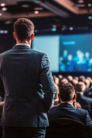 Businessman In Focus Observing Audience Engagement During Presentation, Reflecting On Their Messageの素材