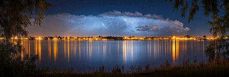 Electric Night Cityscape Stormy Blue Skies Aglow with Lightning. Scenic View of a City at Sunset.の素材