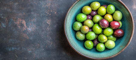 Blue Bowl Filled with a Variety of Olives Green, Black, and Kalamata, Texture Backgroundの素材