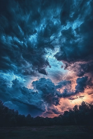 Dramatic Stormy Sky, Blue Lightning Bolts, Swirling Clouds, Vibrant Nature Backgroundの素材