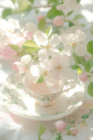 Vintage teacup in spring bloom background. Floral aesthetic, tea party, garden wedding.の素材