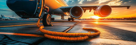 Aviation Fuel Hoses Connected to Airplane, Essential Service For a Safe Journey at Sunsetの素材