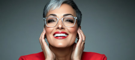 Joyous Smiling Mature Woman in Stylish Clear Glasses, a Delight to Behold on a Grey Backgroundの素材