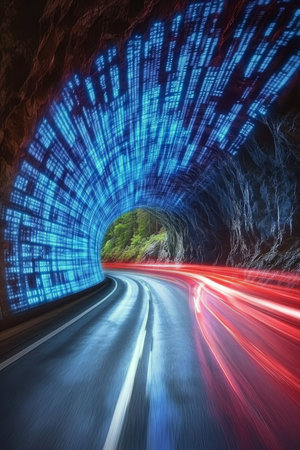 Light Speed, Blurred Motion in Tunnel with Data Flow, Technology and Transportation Background.の素材