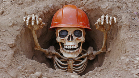 Skeleton Miner with Hard Hat Emerging from Earthen Hole, Concept of Danger and Occupational Hazardsの素材