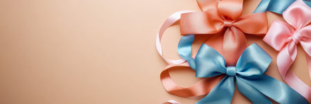 Blue And Peach Pastel Colored Ribbons For Gift Decor Arranged On A Beige Background With Copy Spaceの素材