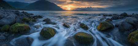 Scenic View of Moss Covered Rocks with Flowing Water on Ocean Shore, Dramatic Sunrise Lightの素材