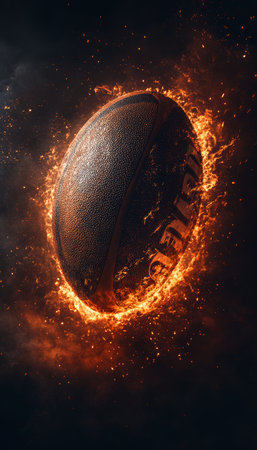Fiery Rugby Ball Engulfed in Flames on a Dramatic, Dark Background, Ideal for Sporting Themesの素材
