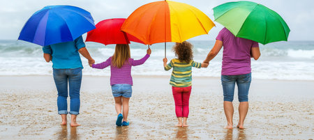 Happy Family Of Four Standing On The Beach, Sheltering From The Rain Under Colorful Umbrellas.の素材