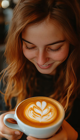 Young Woman Enjoying her Aromatic Latte with Intricate Latte Art in Cozy Cafe Atmosphereの素材