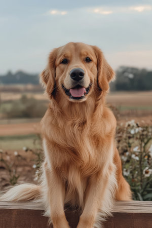 Golden Retriever Posing with a Happy Expression, Perfect for Pet Care and Outdoor Lifestyle Contentの素材