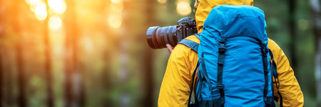 Photographer With Backpack and Camera Hiking Through a Vibrant Sunny Forest during Golden Hourの素材