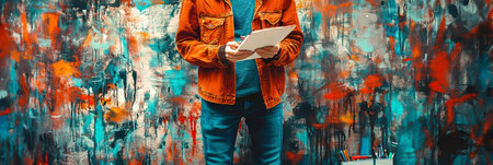 Urban Artist Young Adult In Orange Jacket Sketching Ideas On Paper Against Vibrant Graffiti Wallの素材