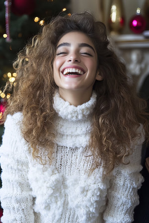 Beautiful Young Woman With Curly Hair, In a White Sweater Smiling, with Christmas bokeh Backgroundの素材