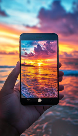 Golden Hour Memories Tranquil Tropical Sunset Captured on Smartphone Screen by the Oceanの素材