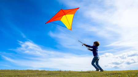 Child Playing With Colorful Kite, Enjoying Sunny Day in Backyard, Fun Outdoor Activitiesの素材
