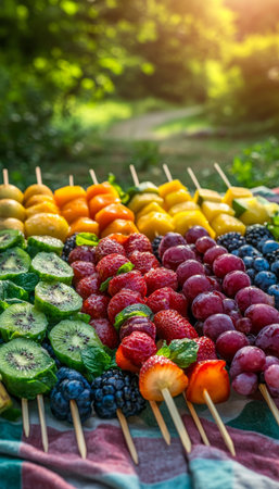 Colorful Fruit Skewers on a Picnic Blanket, a Delicious and Healthy Snack in the Park.の素材