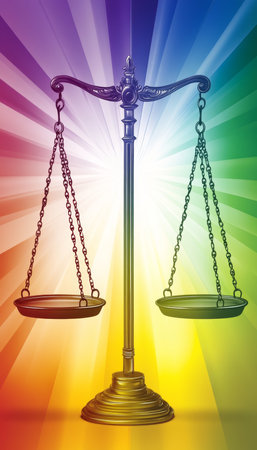 Scales of Justice on Vibrant Rainbow Gradient Background, Symbol of Equality and Legal Servicesの素材
