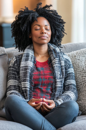 Mindfulness practice  a woman in a bright, serene space embracing tranquility and wellnessの素材