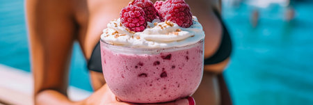 Woman Holding Delicious Berry Smoothie Topped with Raspberries and Cream by the Poolの素材