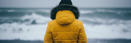 Solitude by the Sea Woman in Yellow Jacket Contemplates the Ocean Waves on a Cloudy Dayの素材