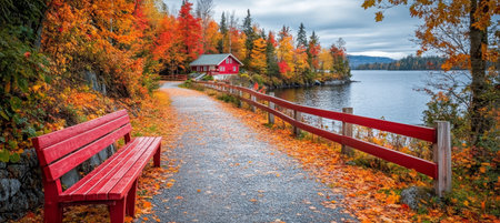 Idyllic Autumn Escape Serene Lakefront Cottage with a Red Bench Amidst Vibrant Fall Foliageの素材