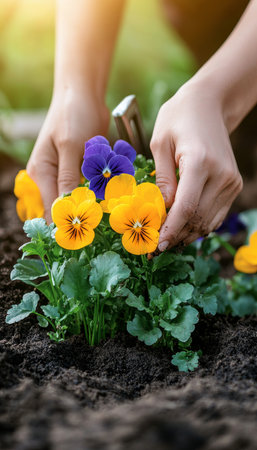 Woman s Hands Gently Planting Colorful Pansies in Garden Bed, Springtime Gardening and Landscapingの素材