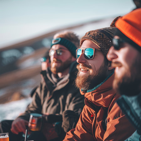 Friends Enjoying Cold Beers and Mountain Scenery. Friendship and Winter Adventure Concept.の素材