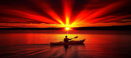 Serene Sunset Kayak Adventure. Golden Hour on a Calm Lake, Perfect for Outdoors Enthusiastsの素材