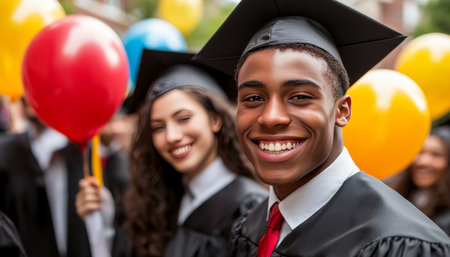 Celebrating Graduation Day Joyful Male Graduate Smiling, Surrounded by Classmates with Balloonsの素材