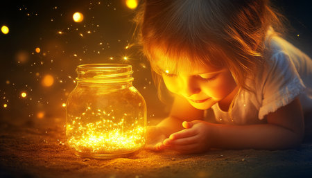 Curious Little Girl with Fireflies in a Jar, Magical Summer Night, Wonder and Imaginationの素材