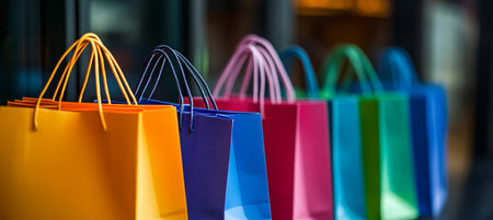 Colorful Shopping Spree, A vibrant collection of retail shopping bags signifying a purchaseの素材