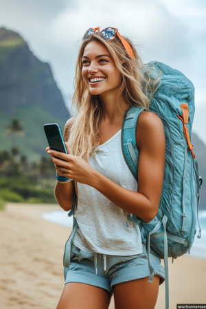 Smiling Young Woman Using Smartphone While Hiking on a Beach, Backpacking Adventure Travel Concept.の素材