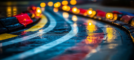 Winding Colorful Reflections, Abstract Trails of Warm Light on Wet Ground After Rain at Night.の素材