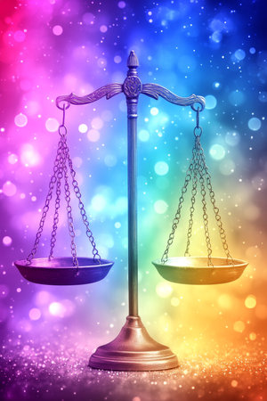 Scales of Justice on Vibrant Gradient Background, Symbolizing Balance and Legal Servicesの素材